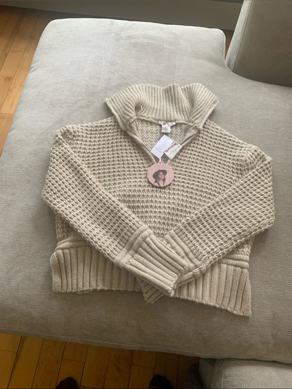 Sincerely Jules Cream Waffle-Knit Half-Zip Turtleneck Sweater